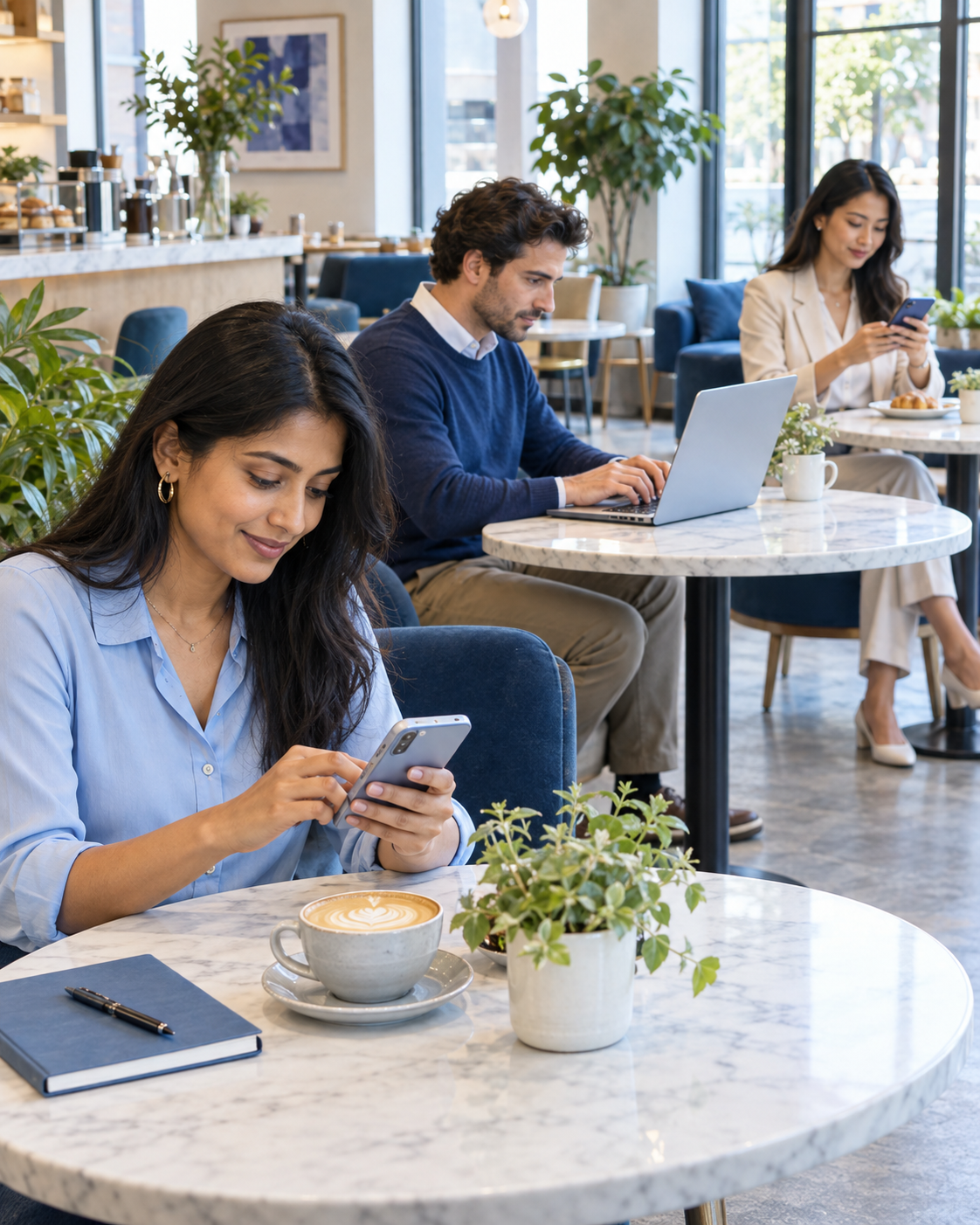Three clients using smartphones and a laptop in a bright coworking cafe